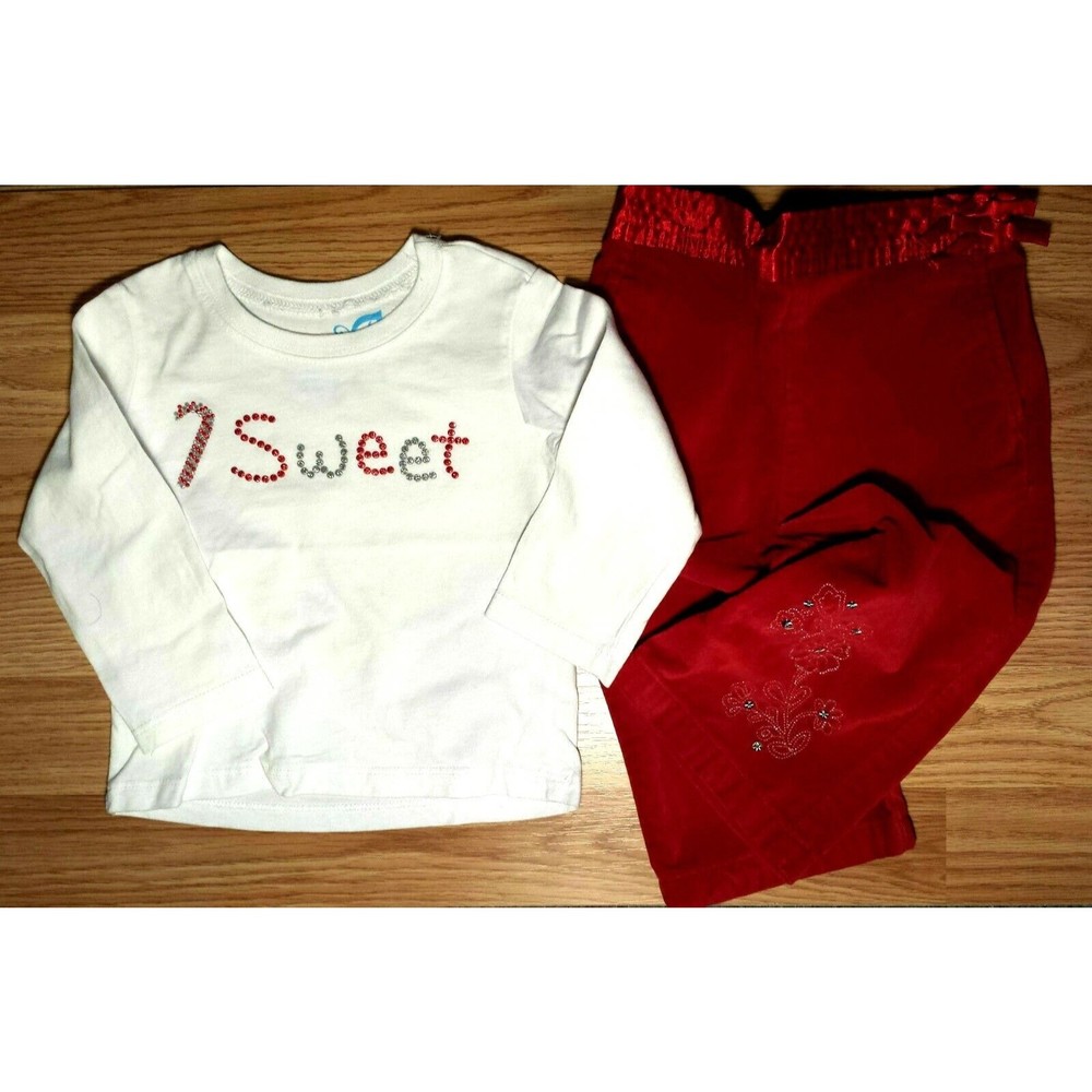 Girl's Size 12 M 9-12 Months 2 Pc White TCP "SWEET" Candy Cane L/S Top & Pants